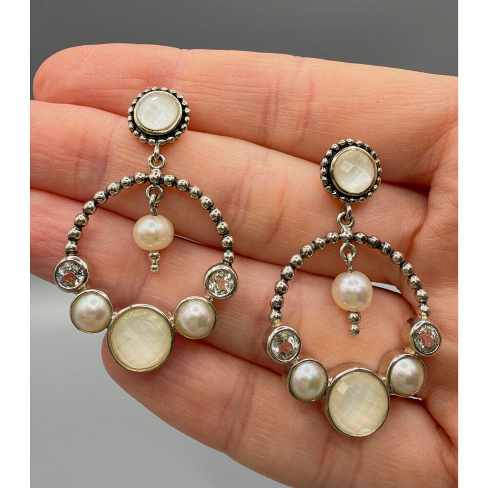 Vintage Echo of the Dreamer Margaret Thurman 925 MOP Pearl Crystal Hoop Earrings